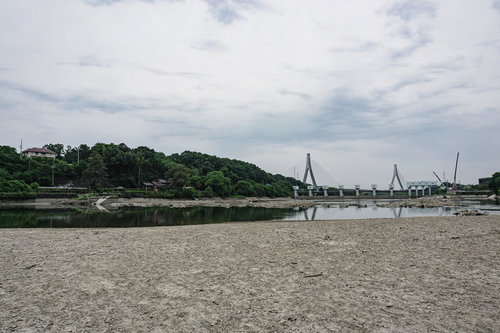 水が減り露わになりひび割れた湖底だった場所から見る普段は見る事の出来ない明治用水旧頭首工