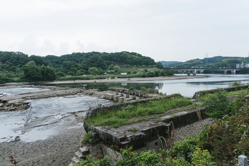 漏水の影響で姿を見せた旧頭首工跡の石組みとひび割れた地面や人々が歩くことが出来るまで乾いてしまった砂地