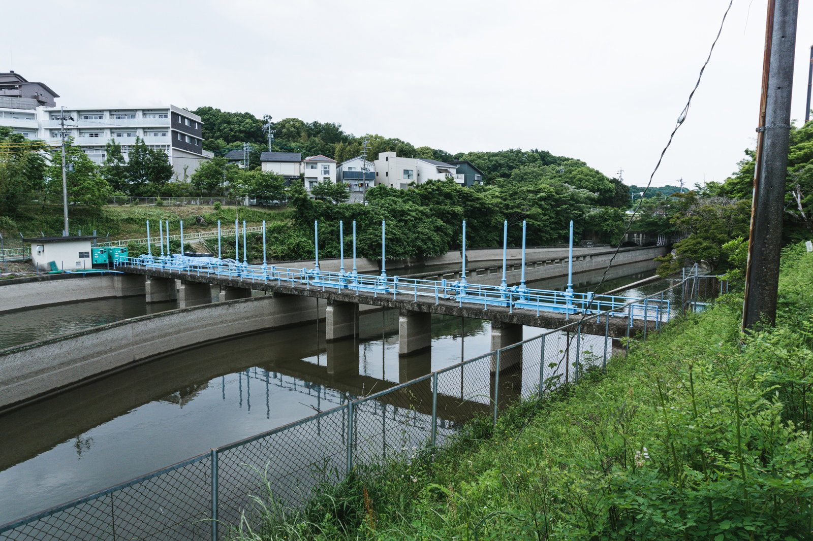 水位が下がった明治用水の沈砂池とその周辺の施設や緑の植栽