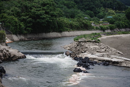 白く変色して見える普段は水没している護岸の石組みが露わになっている頭首工天端から見た右岸の様子と旧頭首工導水路跡