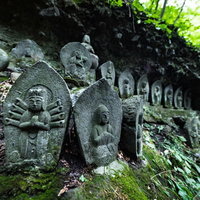 群馬県長野原町の滝沢観音石仏群の苔むした石造文化財の写真