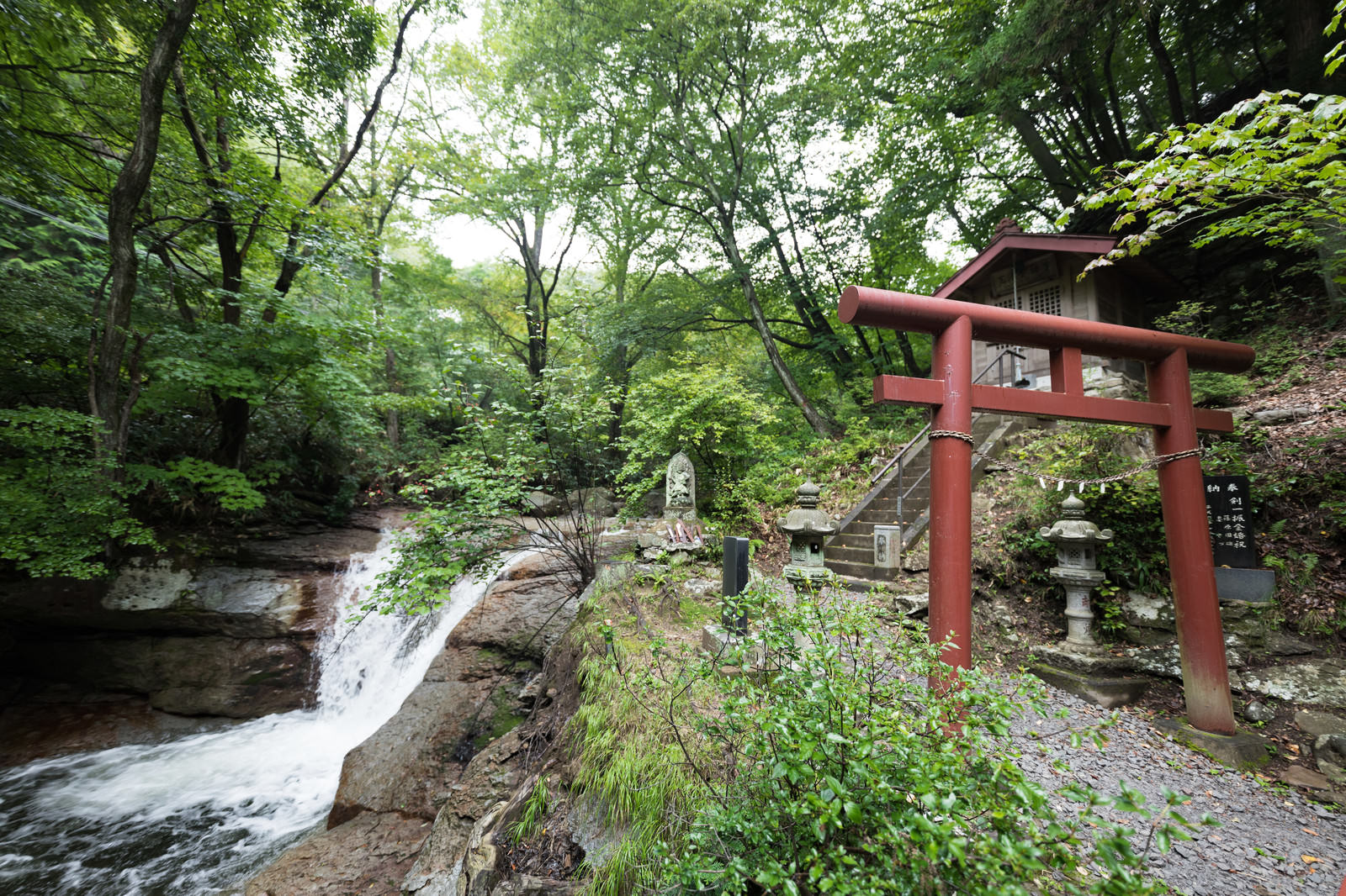 森の中の朱色の鳥居と清流が流れる荒澤不動明王の境内風景