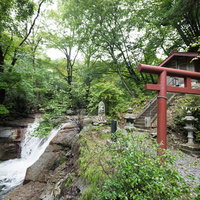 森の中に建つ朱色の鳥居と清流が流れる荒澤不動明王の写真