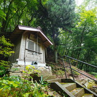 木々に囲まれる荒澤不動明王の白い堂宇と石段参道の写真