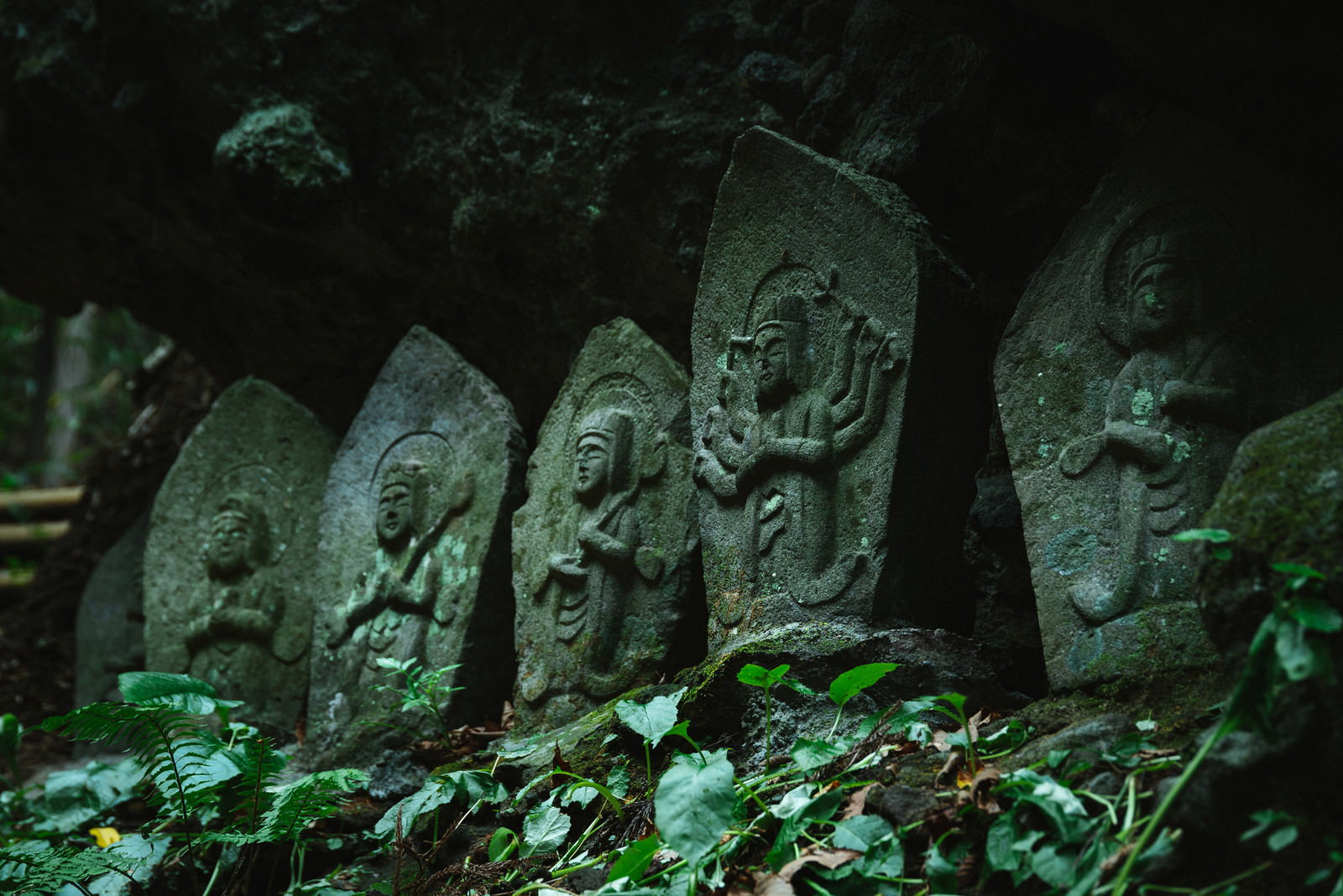 緑の苔に覆われた複数の石仏レリーフが山間の暗い参道に並ぶ滝沢観音石仏群