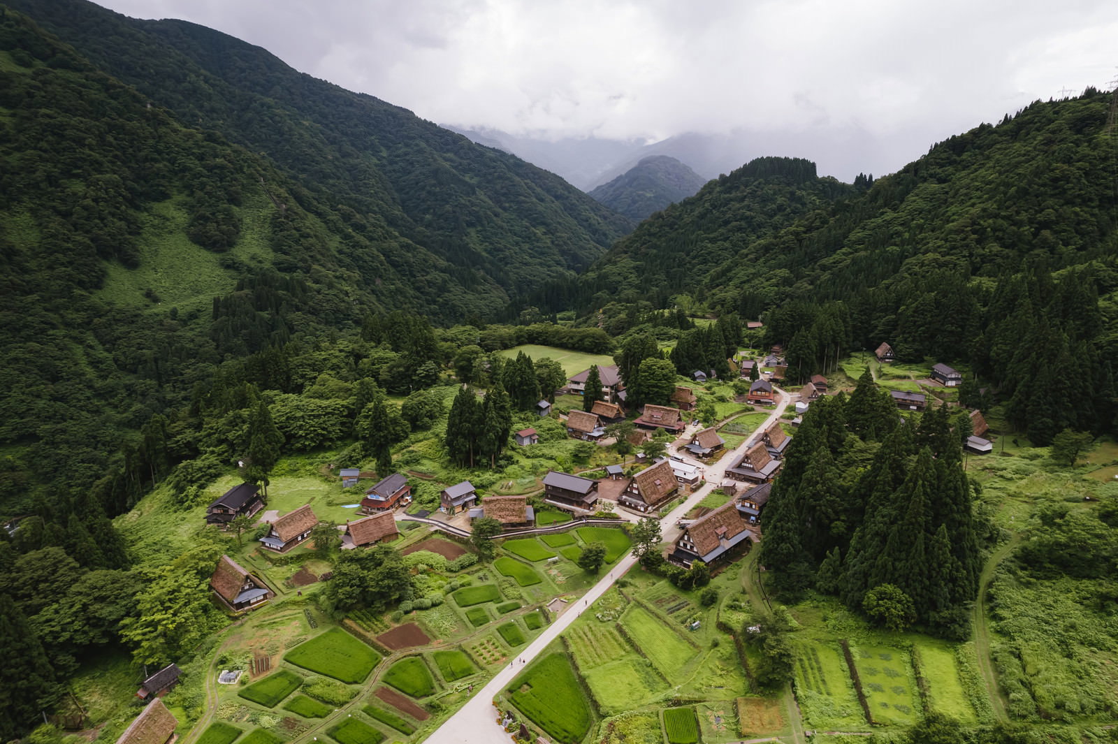山間の谷間に点在する合掌造りの家屋群と緑の田園が広がる相倉集落の空撮風景