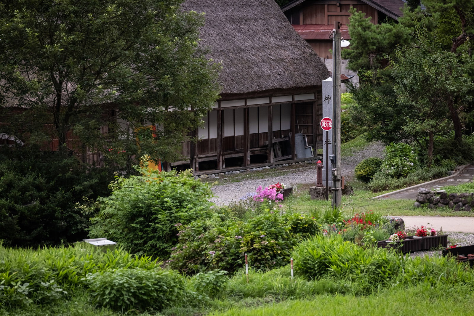 緑に囲まれた菅沼集落の合掌造り建物と花々が見える街並み