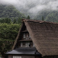 霧が立ち込める山間の菅沼合掌造り集落の朝霧風景の写真