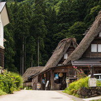合掌造りの家が建ち並ぶ相倉合掌造り集落の山間風景の写真
