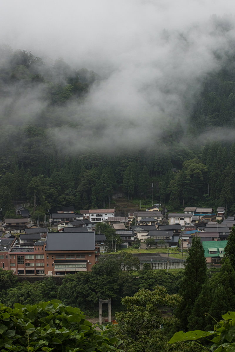 朝霧に包まれた富山県南砺市の山間集落、緑の山々と住宅が霧の中に佇む風景