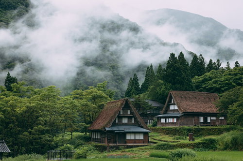 雨上がりの霧に包まれた相倉合掌造り集落の風景