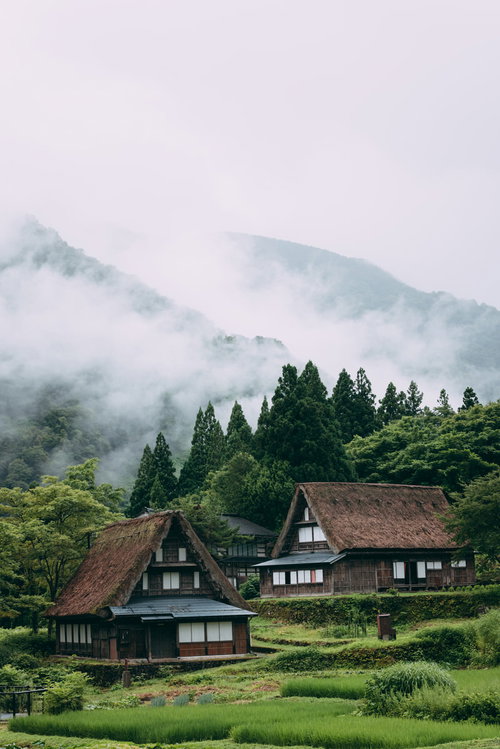 渓谷を覆う霧と相倉合掌造り集落の朝景色、茅葺き屋根の伝統建築