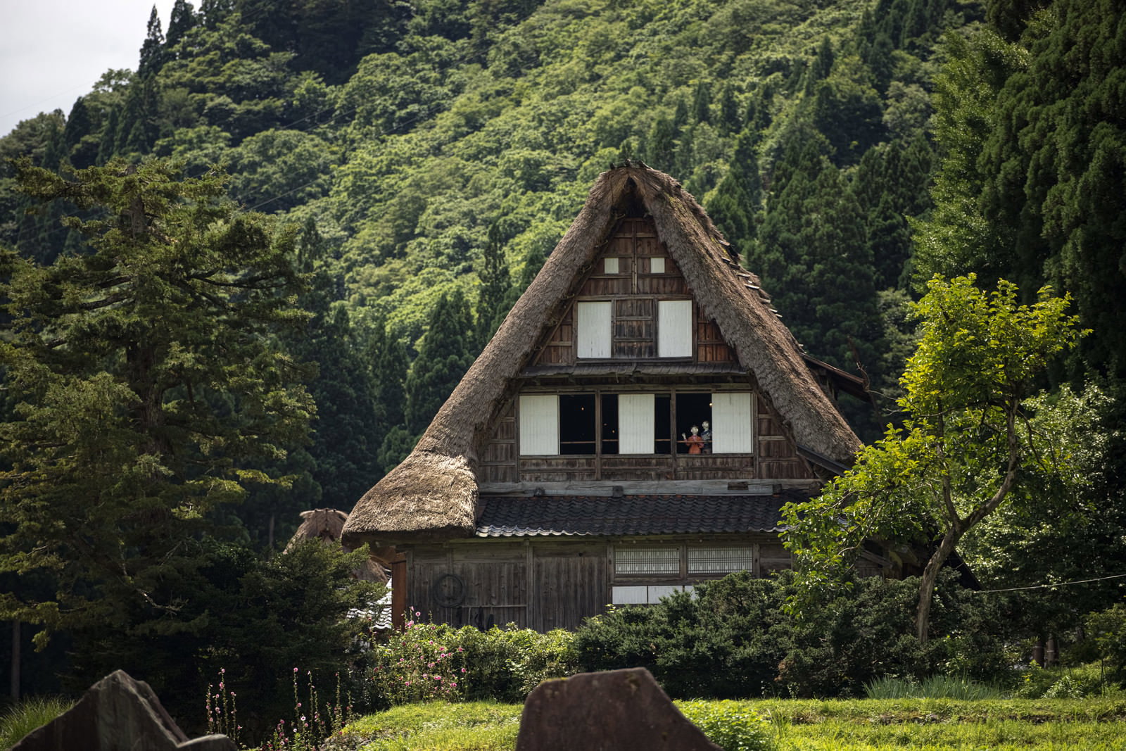 緑の山に囲まれた茅葺き屋根の合掌造りの家