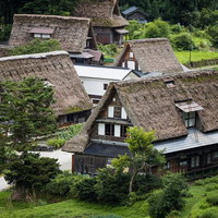 緑の山々に囲まれた合掌造りの家が建ち並ぶ相倉集落の写真