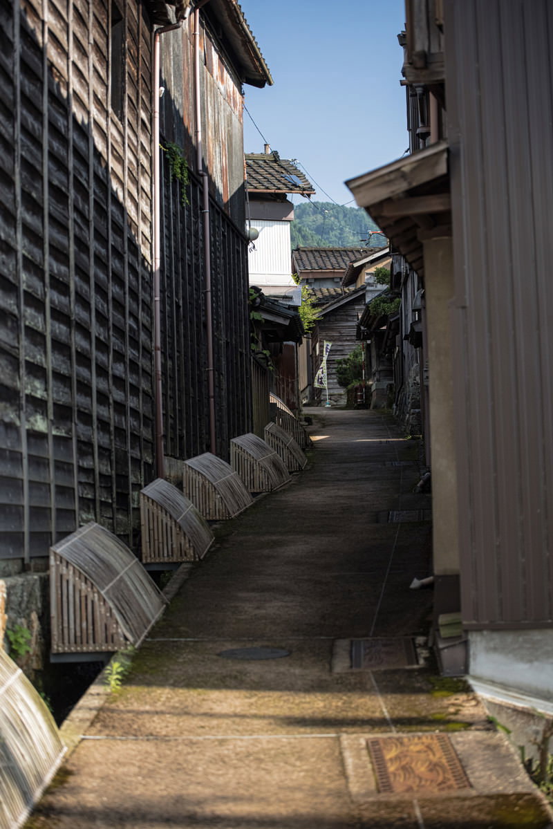 南砺市の笠の緒こみちを通る古い木造建築が立ち並ぶ石畳の路地