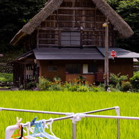 菅沼集落の田舎風景、物干し台と合掌造りの家の写真