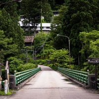 五箇山の流刑小屋へ続く緑の木橋を歩む歴史の道の写真