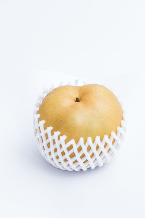 白い網に包まれた黄色い和梨、フルーツの保護材メッシュ