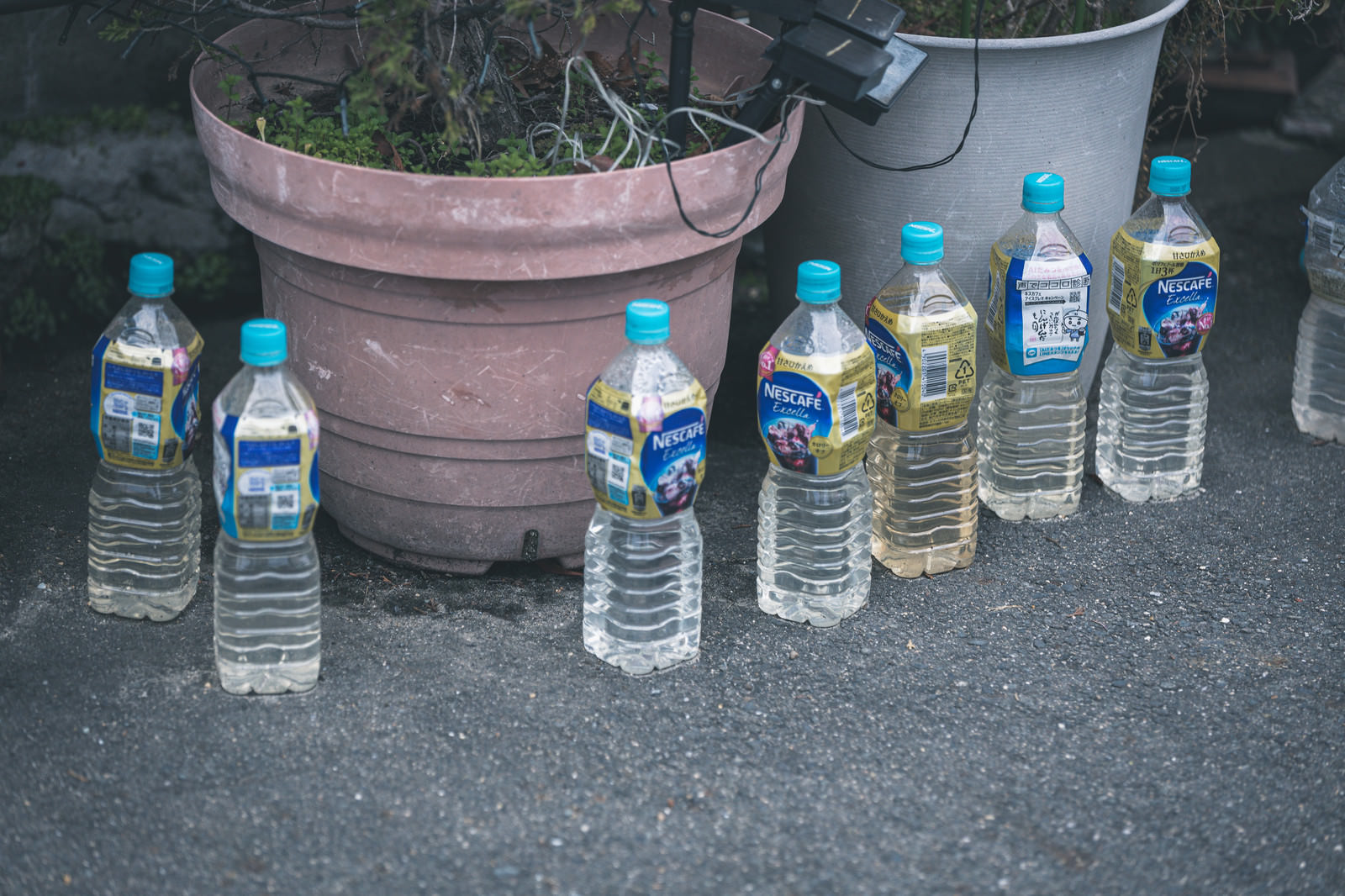 住宅前のアスファルト地面に一列に並べられた水入りペットボトル