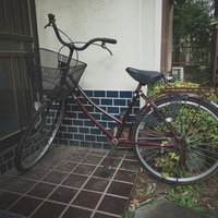 空き家の玄関先に置かれた使われなくなったママチャリの写真