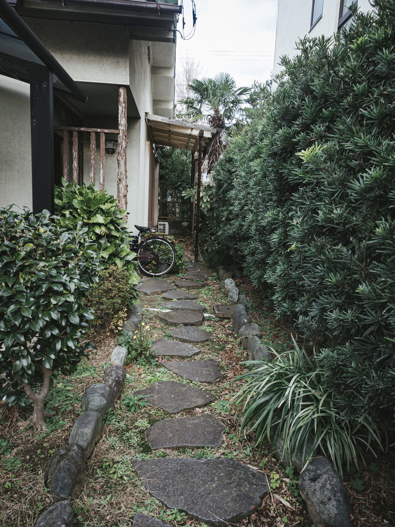 石畳の小径と緑の植物に囲まれた昭和レトロな空き家の玄関前