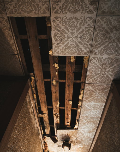 天井が剥がれ落ちた廃屋の室内、露出した木材の梁と老朽化した壁