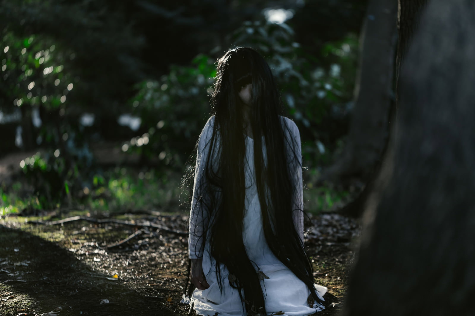 薄暗い森で地面に座り込む白衣の女性の後ろ姿［モデル：緋真煉］