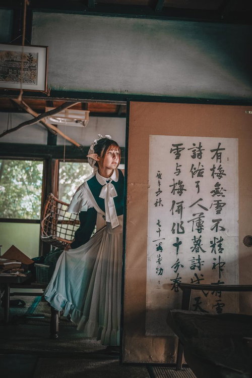 大家から家賃の妖精が来た、古い和室で不気味に立つエルフ姿の女性