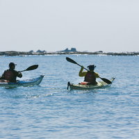 青い海でシーカヤックを楽しむ2人のパドリング体験の写真