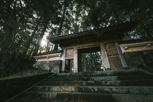 飫肥杉の緑に囲まれた飫肥城裏門の古い石段と木製門