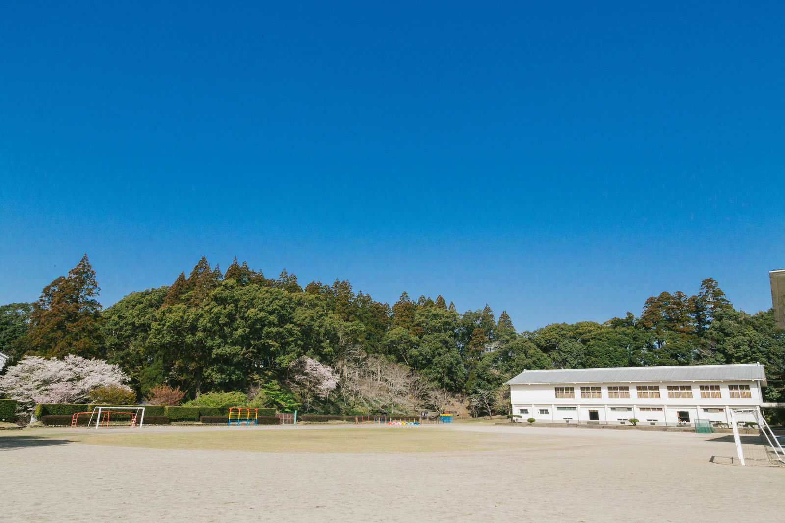 青空の下に広がる小学校の校庭と校舎、背景には緑豊かな山並み