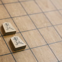 将棋盤で二歩の反則を犯して敗退した局面と木製駒の写真