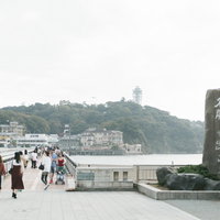 江ノ島大橋を渡る観光客の往来と周辺景観と海岸線の写真