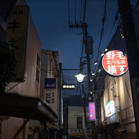 光り輝く丸ボケが映る深夜の野毛横丁の路地裏風景の写真