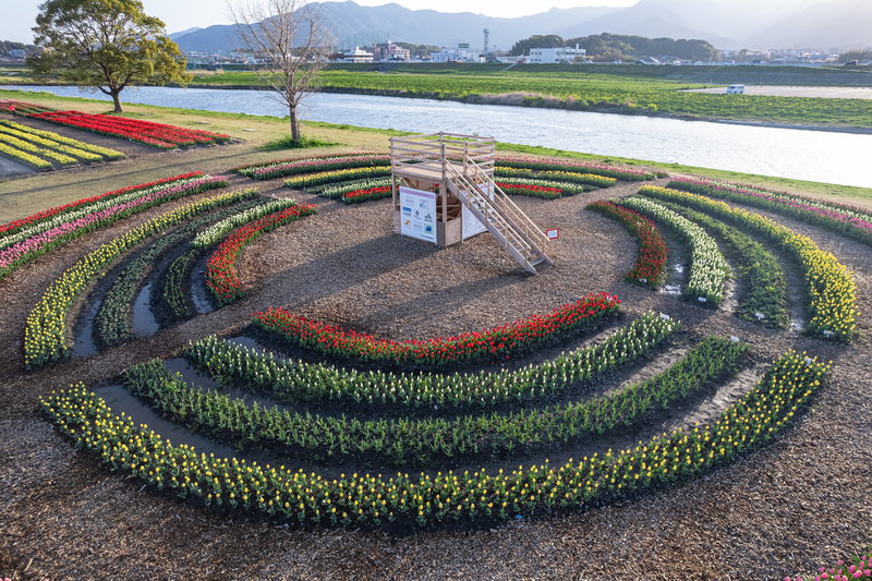 円形のおがたチューリップフエアの展望台の写真