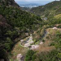 福智山ダムからの眺めと直方市の山間を蛇行する道路の写真
