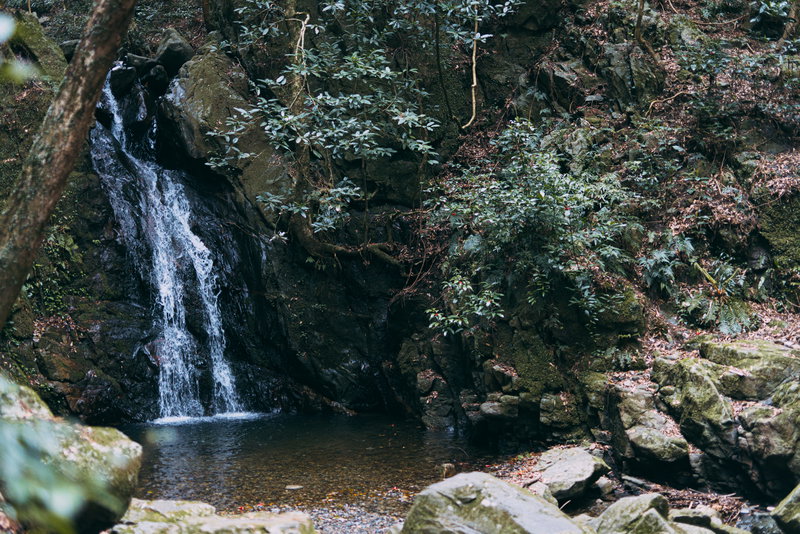 竜王峡の奥に流れる滝の写真
