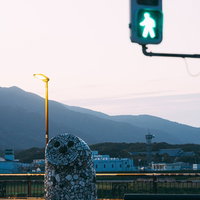 直方市のシンボル、日の出桟橋のふくろう像と青信号の横断歩道の写真