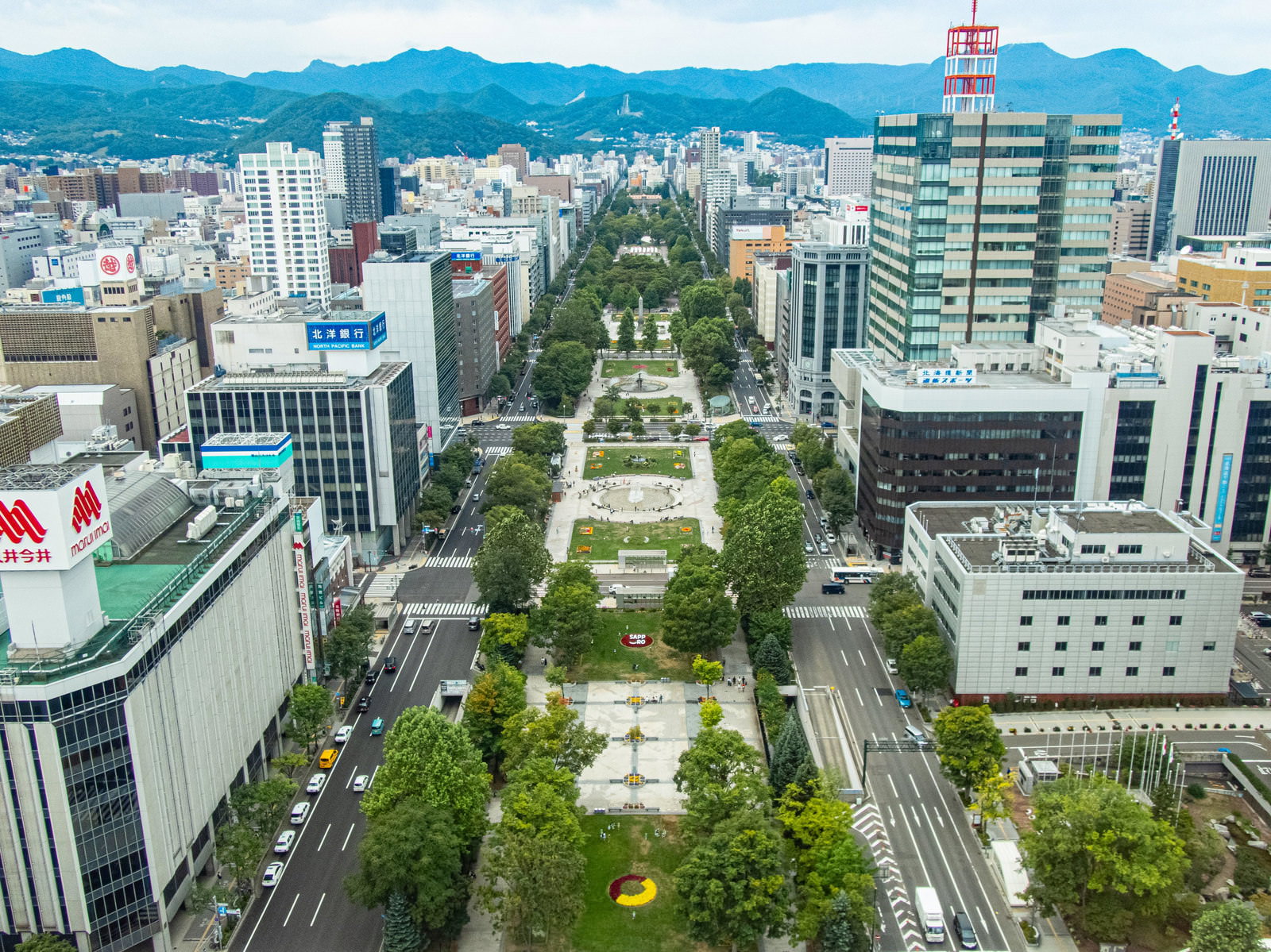 緑豊かな大通公園を中心に高層ビルが立ち並ぶ札幌市街地の俯瞰風景