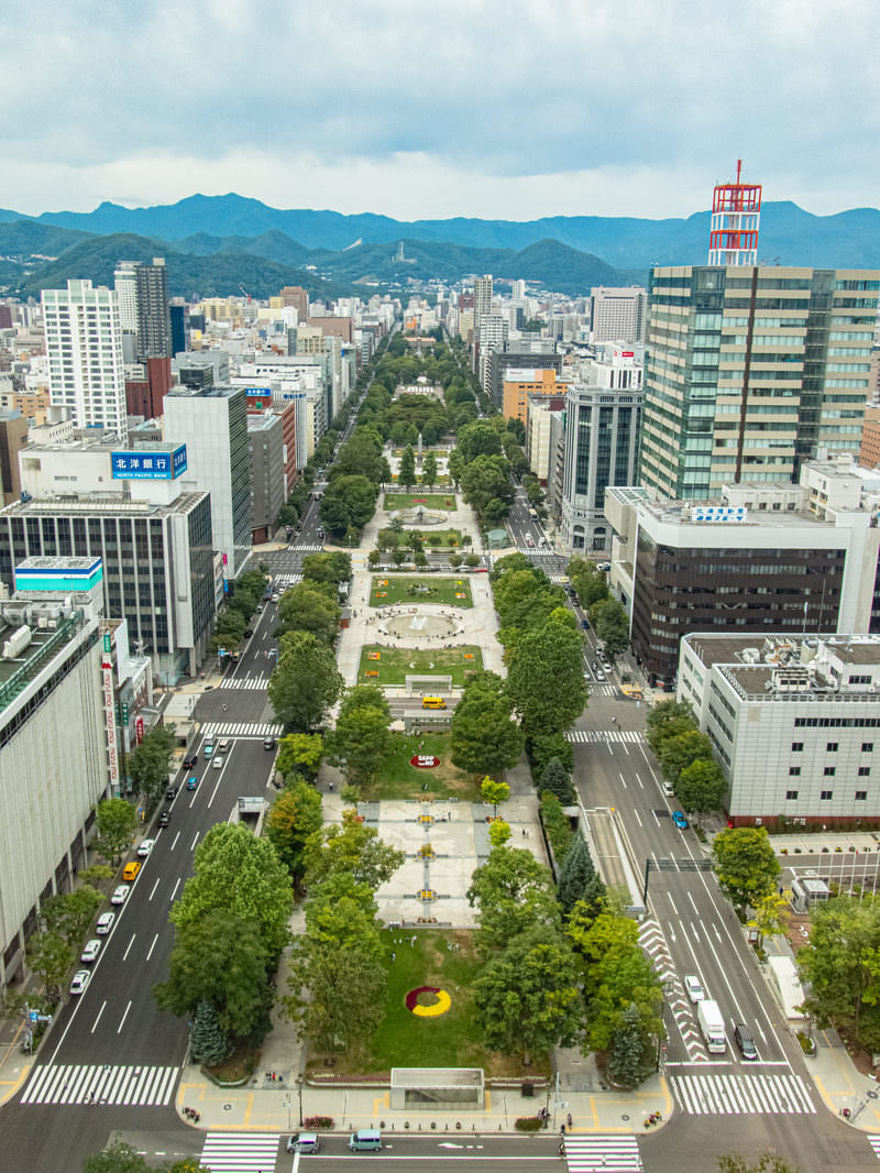札幌大通りの航空写真、緑の大通公園を中心に高層ビルが立ち並ぶ都市景観