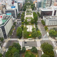 札幌大通り沿いの大通公園を取り囲む都市風景の写真