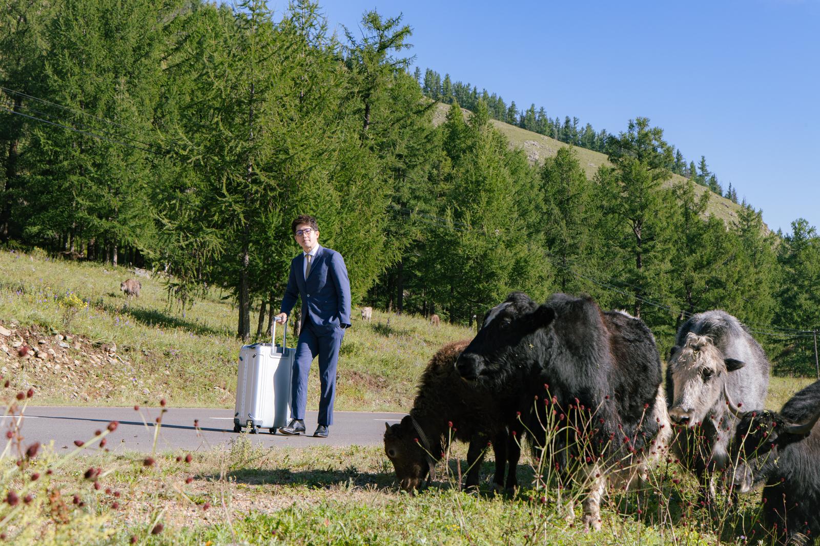 モンゴルの草原でスーツを着てキャリーバッグを持つ男性［モデル：野崎繁裕］