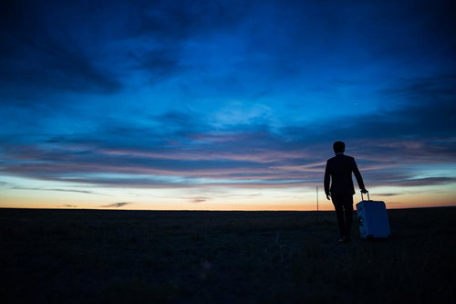 夜明けの草原でスーツケースを引くビジネスマンのシルエット