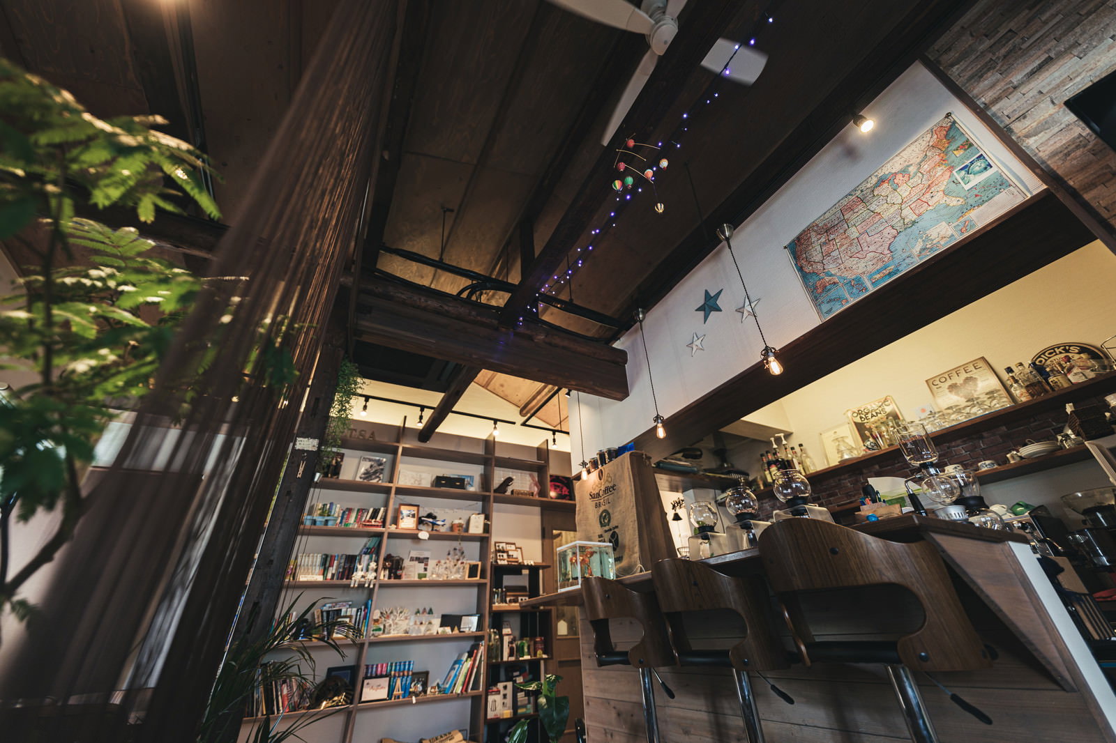 高い天井と本棚、観葉植物のあるカフェ店内を見上げたアングル