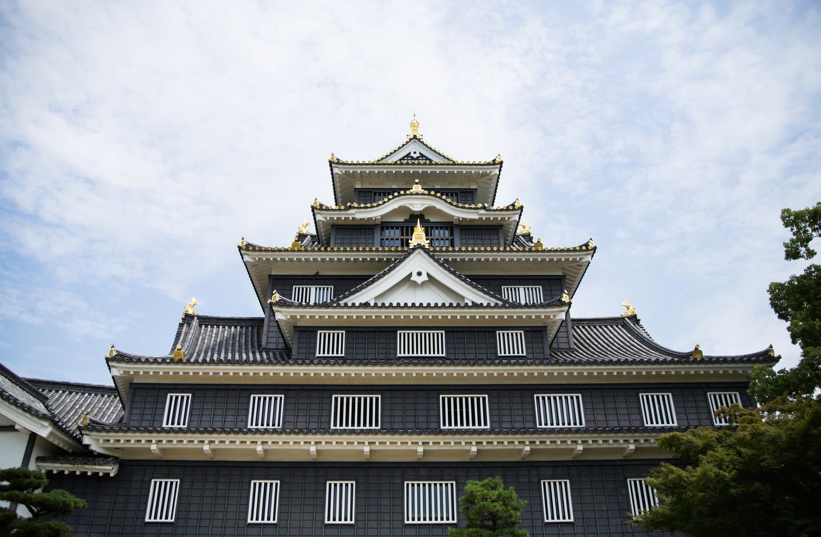 黒い外壁と金色の装飾が特徴の岡山城天守閣
