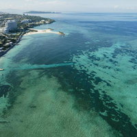沖縄の備瀬海岸、エメラルドグリーンの海と白い砂浜の写真