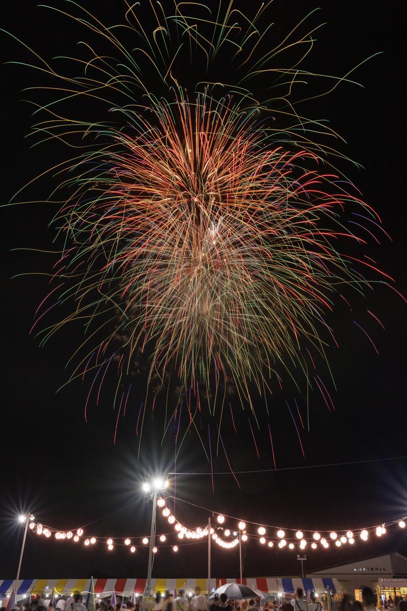 夜空に咲く多色の花火と提灯で彩られた会場