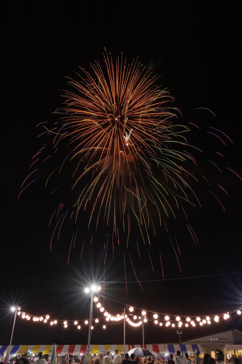 大玉村花火大会で夜空に打ち上がった赤橙色の花火と下部のストリング照明