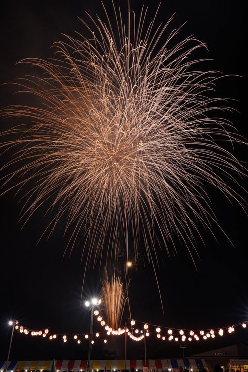 大玉村花火大会の金色に光る大輪花火と提灯