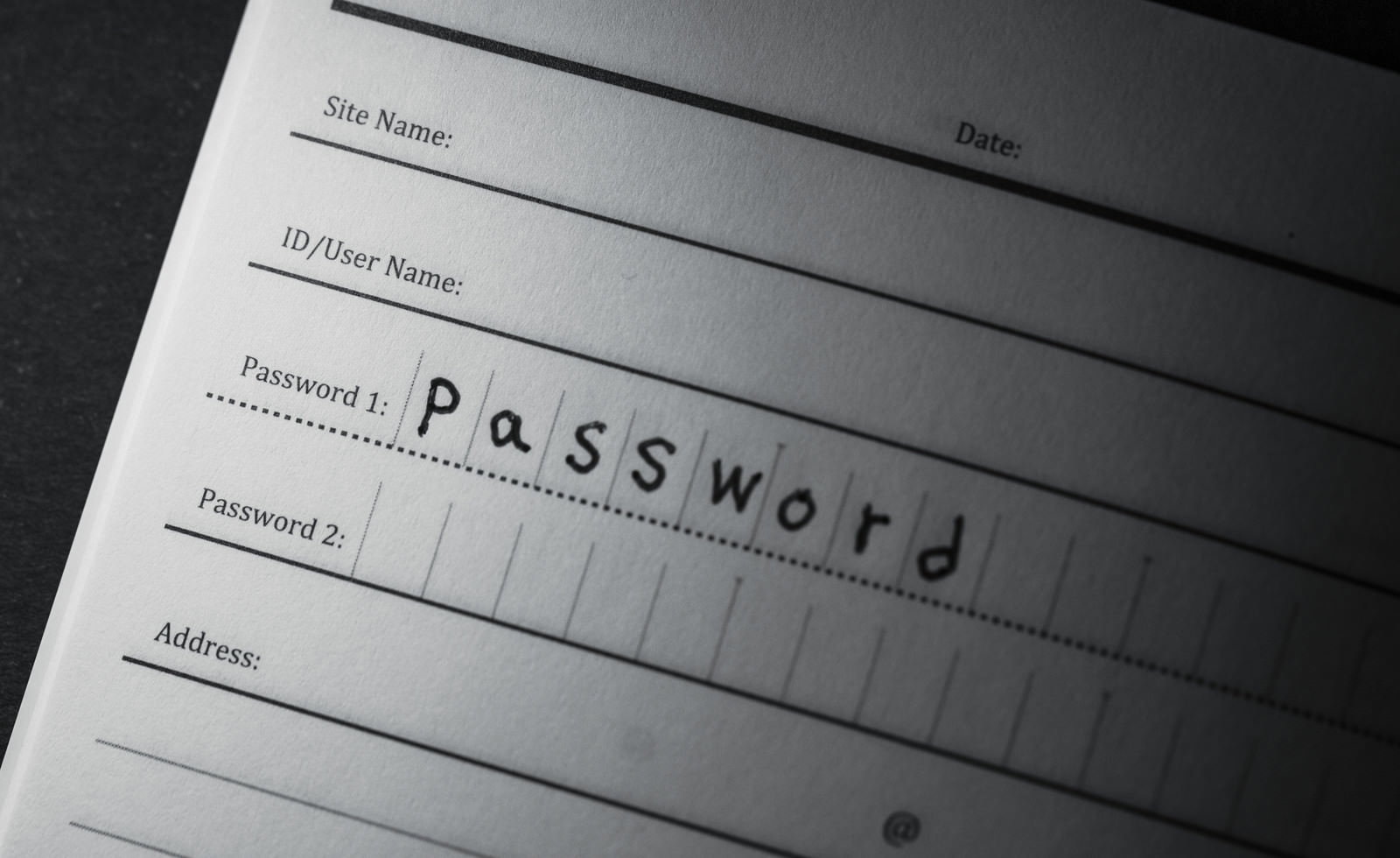 パスワード管理用紙にpasswordと手書きされた写真